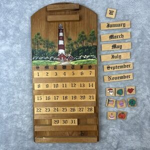Vintage Wooden Perpetual Wall Calendar Lighthouse Decor Complete w/Holidays